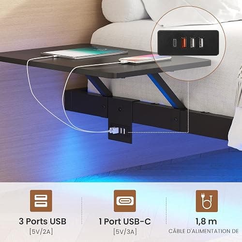 AOGLLATI Lit 2 Personnes avec 2 Étagères de Chevet,Cadre de Lit avec 140 x 190 avec Sommier Métal,Multiprise et Éclairage LED, 24 CM de Rangement pour Chambre, Noir thumbnail 3