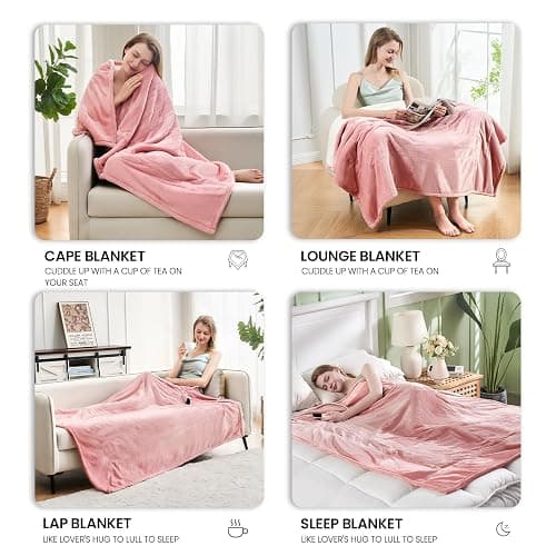 PTQ Electric Heated Blanket,Flannel & Sherpa Heated Throw Blanket 50"x60",Fast Heating Soft Fleece Blanket with 6 Heating Levels & 4H Auto Off-Pink thumbnail 3