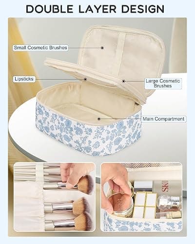 Relavel Travel Makeup Bag, Small Floral Cosmetic Bag with Makeup Brush Compartment, Portable Makeup Pouch for Women, Double Layer Makeup Organizer Bag Cute Toiletry Bag thumbnail 3