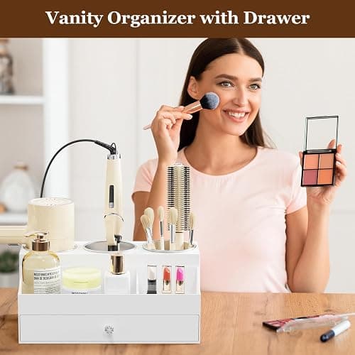GFWARE Acrylic Hair Dryer Holder with Drawer, Bathroom Organizer Countertop Drawers with 3 Stainless Cups, Makeup Vanity Accessories, Hair Hot Tools Organizer, Toiletry, White thumbnail 2