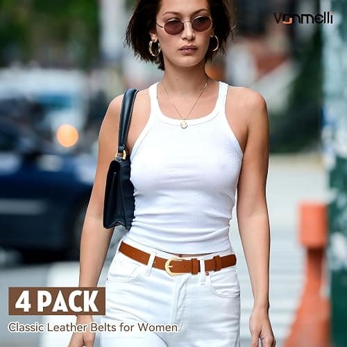 VONMELLI 4 Pack Womens Thin Leather Belt Skinny Waist Belts for Women Fashion Jeans Dress with Gold Buckle thumbnail 4