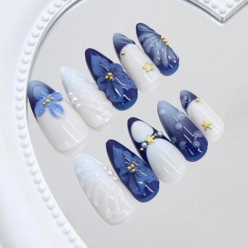 24Pcs Blue Flower Press on Nails Medium Almond French Tip Fake Nails with 3D Gold Starfish Pearls Designs Lily Flowers False Nails Blue Gradient Full Cover Cute Floral Acrylic Stick on Nails for Women thumbnail 4