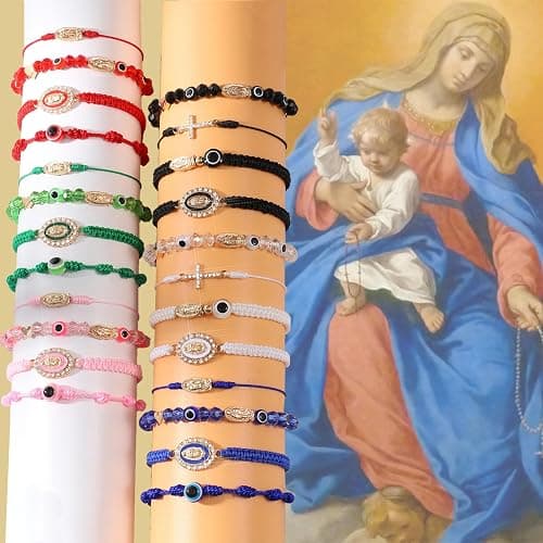 Gorgeoos 24Pcs Red Lucky Mexican Bracelets Set - Virgin Mary & San Judas Catholic Bracelets with Evil Eye Beads Glass Beads Red String Protection Bracelet for Women Men Anklet Gift Spiritual Jewelry thumbnail 5