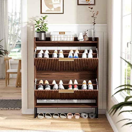 VINGLI Fluted Shoe Cabinet Storage for Entryway,Hidden Shoes Storage Cabinet with 2 Flip Drawers, Mid Century Modern Shoe Rack Organizer,Free Standing Shoes Organizer for Hallway(Dark Walnut) thumbnail 7