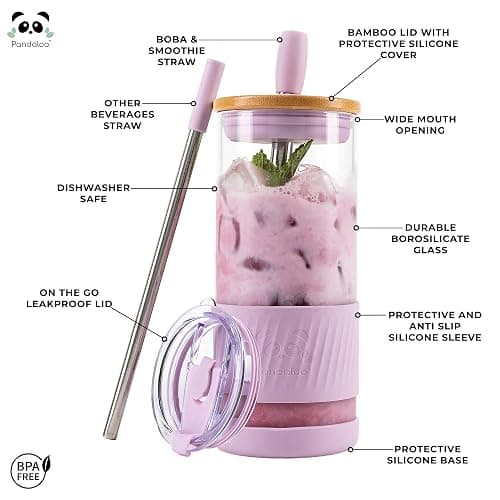 Pandaloo® Glass Cups With Lids and Straws -20 Fl Oz- Perfect Size Iced Coffee Cup - Smoothie Cup With Bamboo Lid and On the go Lid - Glass Tumbler (2 Count (Pack of 1), Lilac-Sage) thumbnail 4