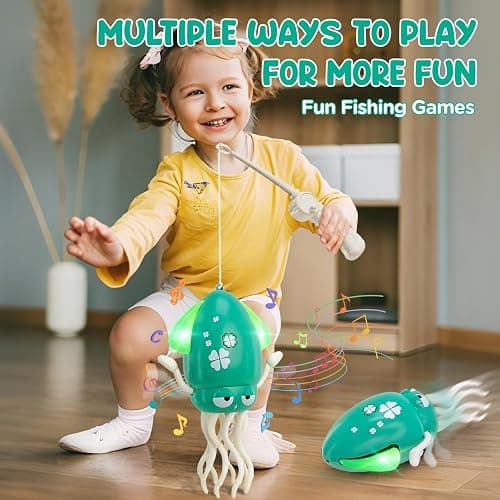 Dancing Octopus Toy for Babies, Electric Crawling Squid Toy with Music & Lights, Fishing Rod & Avoidance Sensor, Tummy Time Toys Baby Toys for 1 2 3 Years Old, Green thumbnail 5
