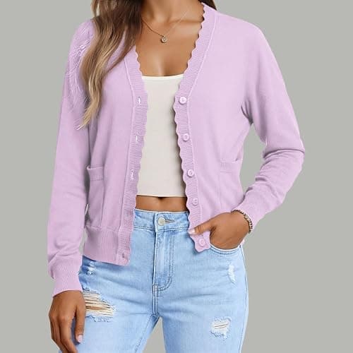 AGSEEM Womens Long Sleeve V Neck Button Up Lightweight Cardigan with Pockets Knit Open Front Sweaters thumbnail 3