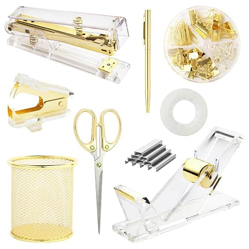 Gold Desk Accessories, Office Supplies Set with Acrylic Stapler, Tape Dispenser, Staple Remover, Pen Holder, Scissor, Binder Paper Clips, 1 Ballpoint Pen, 1 Clear Tape and 1000pcs Staples - Image 1