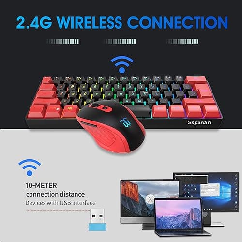 Snpurdiri 2.4G Wireless Gaming Keyboard and Mouse Combo, Include Mini 60% Merchanical Feel Keyboard, Ergonomic Vertical Feel Small Wireless Mouse(Red and Black) thumbnail 3