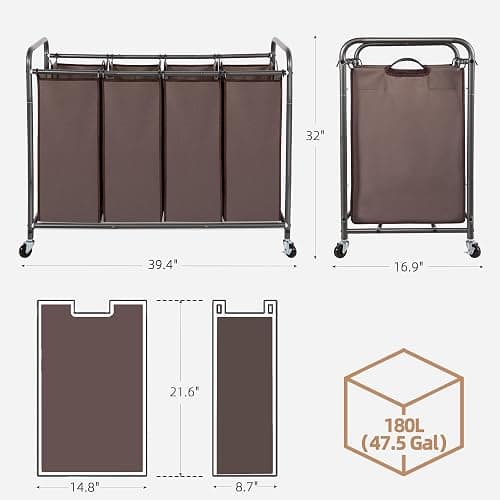 STORAGE MANIAC Laundry Sorter, 4 Section, Laundry Hamper with Wheels, Eco-friendly, Portable, Removable, Waterproof, Brown thumbnail 3