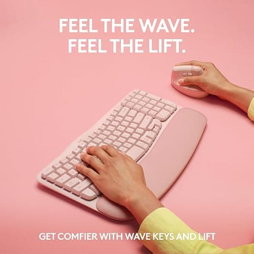 Logitech Wave Keys & Lift Vertical Mouse - Ergonomic Bundle — Wireless Keyboard with Cushioned Palm Rest & Vertical Wireless Mouse - Easy-Switch, Bluetooth, for Multi-OS, Windows/Mac - Rose thumbnail 2