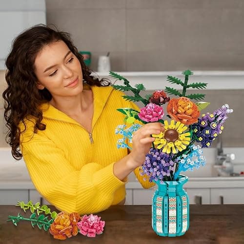 BlockPro Flowers Bouquet Building Blocks Set with Vase, Roses, Sunflower, Hyacinth, Hydrangea, Flower Set for Adults, Teen Girls, Home, Office Decor, Valentine's 1853pcs thumbnail 6