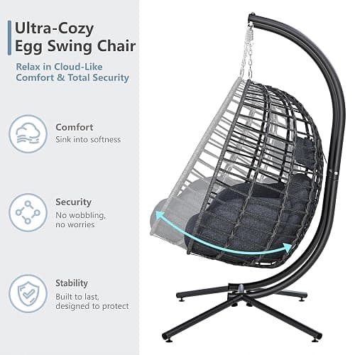 SWITTE Double Egg Swing Chair with Stand, Outdoor Patio 2 Person Hanging Wicker Hammock Chairs with Cushion for Indoor Bedroom, Lawn, Garden-Dark Grey thumbnail 9