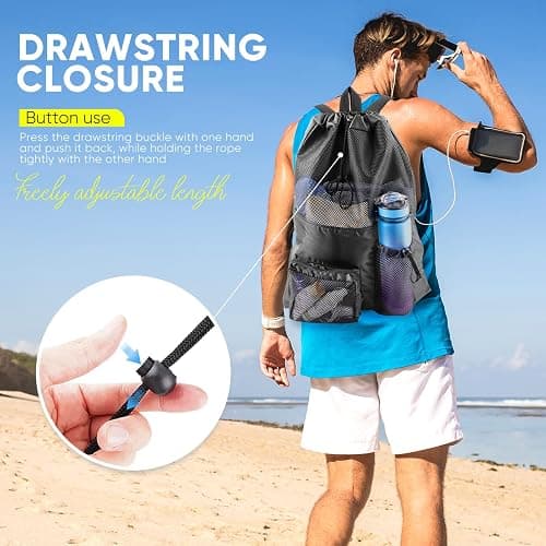 HOHOM Swim Mesh Beach Bag, Waterproof Gym Bags for Women and Men, Large Pool Bag Swimming Gear Drawstring Backpack thumbnail 6