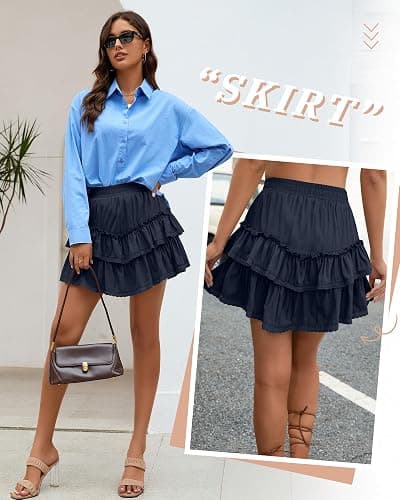 Ficerd Women's Ruffle Flowy Short Skirt Tiered Lace Cotton Mini Skorts High Waist Pleated Boho Cute Summer Shorts - Navy Blue - Small thumbnail 3