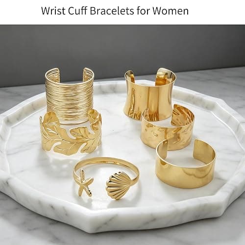 COLOYAN 6PCS Gold Cuff Bangle Bracelets for Women | Sturdy Durable Open Gold Wrist Cuff Bangle,Boho Beach Style, Starfish Shell Leaf Design, Dresses, Vacations, Nights out thumbnail 2