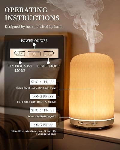 Essential Oil Diffuser - 2.4MHz Ultrasonic Ceramic Diffuser with Pulse/Continuous Mist & Night Light, Waterless Auto-Off, Silent Aromatherapy Diffuser for Home, Office, Yoga, Spa, Gifts & Home Decor. thumbnail 5