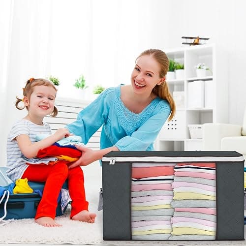 90 L Large Storage Bags, 6 Pack Clothes Storage Bins Foldable Closet Organizers Storage Containers with Reinforced Handle for Clothing, Blanket, Comforters, Bed Sheets, Pillows and Toys (Gray) thumbnail 7