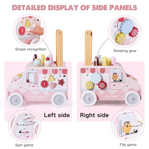 labebe Wooden Baby Walker, Push Activity Walker for Kids 12M+, Multifunctional Ice Cream Cart Activity, Adjustable Speed Learning Walking with Wheels, Birthday Gift for Girls Boys Ages 1-3 (Pink) thumbnail 3