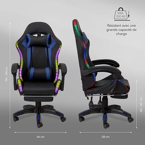 Baroni Home Chaise Gaming Ergonomique avec Coussin Lombaire, Lumières LED Réglables et Repose-Pieds Extractible, Chaise de Bureau avec Dossier Inclinable et Hauteur Réglable, Bleu, 68x66x125-133 cm thumbnail 3