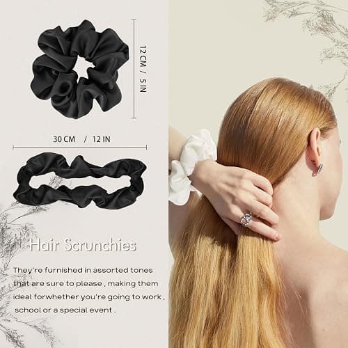 4PCS Large Satin Silk Scrunchies for Women - Big Glossy Scrunchie for Thick Hair Girl Hair Ties Ponytail Holders Jumbo Scrunchies (Black White Silver Champagne) thumbnail 4