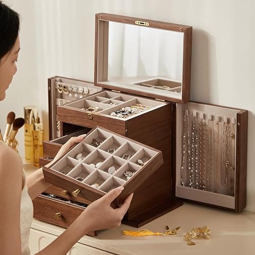 Homruilink Black Walnut Wooden Jewelry Box for Women, 6 Layer | Locking Large Wood Jewelry Organizer with 2 Side Doors & Mirror, For Watch Necklace Ring Earring, Velvet-Lined, Gift thumbnail 9