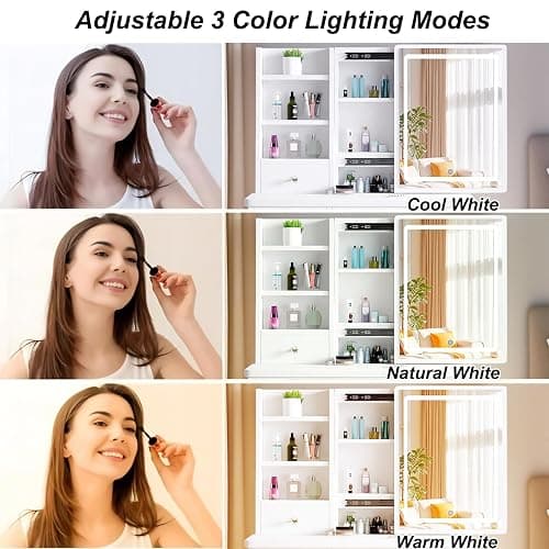 Vanity Desk Makeup Vanity Desk with Sliding Mirror and Lights, Makeup Vanity Set with Drawers, Stool and Open Shelves, 3 Color Lighting Modes Brightness Adjustable Dressing Table for Bedroom (Model 2) thumbnail 3