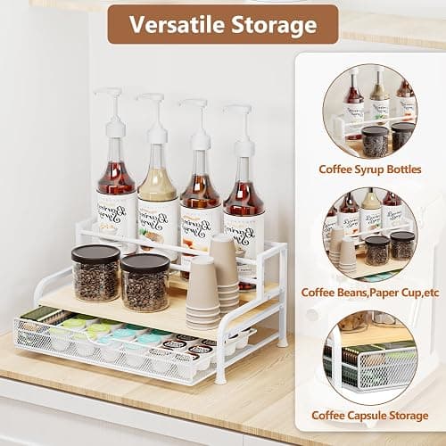 PONEYA Coffee Syrup Rack Organizer, 3-Tier 8 Bottles Syrup Rack with 35 K Cup Storage Basket for Coffee Bar, Countertop Bottle Holder Stand for Wine, Dressing for Kitchen Cafe Station- White thumbnail 5