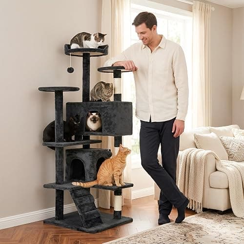 FDW | 54" Cat Tree Tower | Dark Gray | Multi-Level Indoor Activity Center | with Sisal Scratching Posts, Condos, Plush Perches, Hanging Cat Toys | Sturdy, Easy to Assemble | for Kittens & Adult Cats thumbnail 7