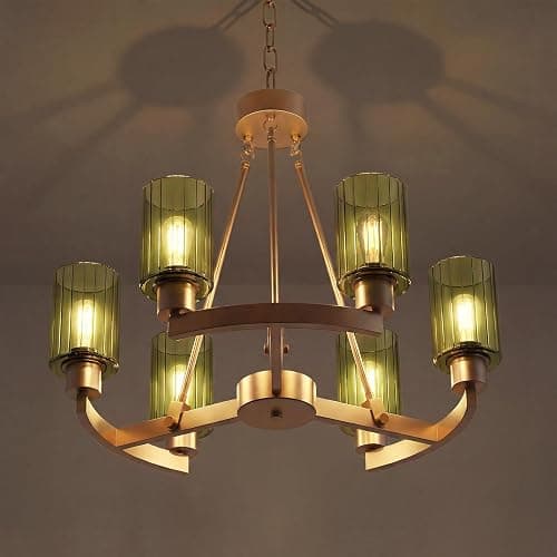 Virelite Modern Gold Chandelier 6-Light - 24" Olive Green Fluted Glass Pendant Light, High-End Brass Hanging Ceiling Fixture for Dining Room, Kitchen Island, Living Room - Image 1