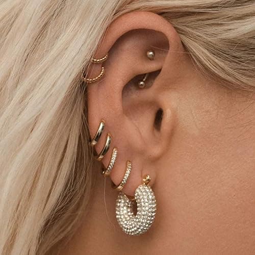ALEXCRAFT Small Gold Hoop Earrings Set for Women Diamond Pave Gold Earrings Set with Sterling Silver Post thumbnail 4