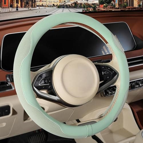 Binsheo Nappa Leather Green Steering Wheel Cover, Advanced Microfiber Leather Non-Slip Breathable Fabric, Warm in Winter and Cool in Summer, Universal 15 inch - Image 1