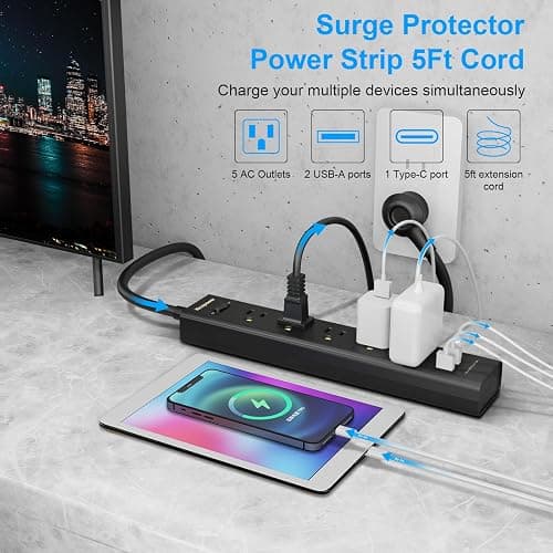 2 Pack Power Strip Surge Protector-5 Widely Spaced Outlets 3 USB Ports(1 USB C Port),1250W/10A with 5Ft Extension Cord, Power Strips with Surge Protection, Wall Mount for Home Office,Black thumbnail 2