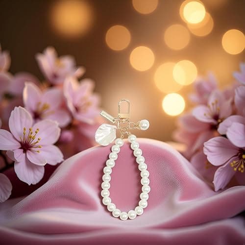 Jowxsx White Heart Pearl Keychain Phone Chain Pendant Shell Pearl Bag Keyring Hanging Ornament Car Key-Holder Decor Women's Keyrings and Keychains thumbnail 7