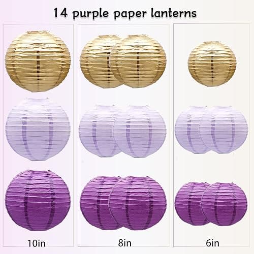Purple Paper Lanterns Decorative Hanging Round Chinese Lanterns Lavender Purple Gold Wedding Bachelorette Engagement Baby Bridal Showers Birthday Decoration Indoor Outdoor 14PCS thumbnail 2