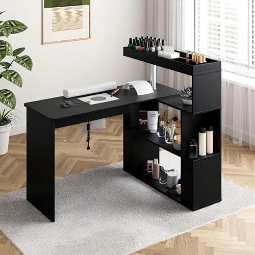 HolaiNail Manicure Table, L-Shaped Nail Tech Desk with Dust Collector, Reversible Rotating Table & Storage Shelf, Acetone Resistant Beauty Salon Station, Black thumbnail 2