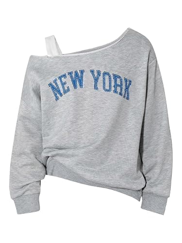 SHENHE Girl's Graphic Letter Print Off Shoulder Sweatshirt Asymmetrical Preppy Pullover Top - Image 1