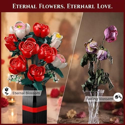 MONOFUN Flower Bouquet Building Set with Vase, 841Pcs DIY Roses Block Kit for Kids Adults, Creative Home Office Decoration, Valentine’s Day Birthday thumbnail 3