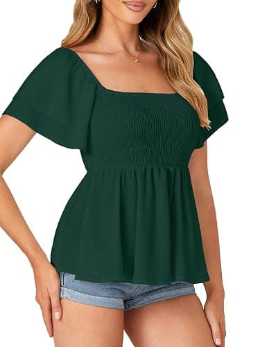 LYANER Women's Square Neck Casual Peplum Top | Summer Ruffle Smocked Short Sleeve Ruched Flowy Babydoll Dressy Blouse Shirts thumbnail 4