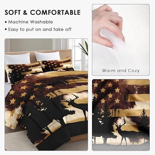 WeCozy Queen Size Comforter Set with 2 Pillowcases, Deer Animal Tree Cow Print 3 Pcs Bedding for Kids and Adults, Retro American Flag Soft Comforter Set for Bedroom Bed Decor thumbnail 5