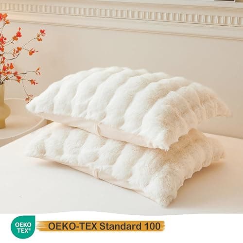 LIFEREVO 2 Pack Fluffy Faux Rabbit Fur Pillow Cases, Luxury Soft Plush Shaggy Bubble Pillowcases Standard Size with Zipper Closure, Furry Fuzzy Ivory Long Pillow Shams Bedroom Living Room 20x26, Beige thumbnail 3