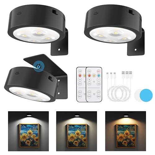 3 Pack Picture Lights for Wall, Rechargeable Battery Operated wall lights, Picture Frame lights with 3 Lighting Modes, Wireless Magnetic Painting Light with Remote Control Timer (Black, 3 Pack) - Image 1