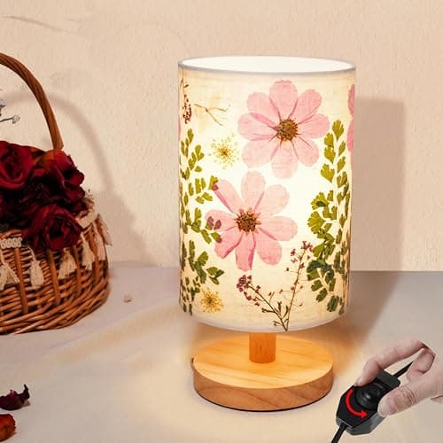 Floresita Dried Flowers Small Table Lamp 9W LED Dimmable Warm Light Pressed Flower Bedside Lamp Linen Shade with Wood Base for Bedroom Living Room Desk Nursery thumbnail 6