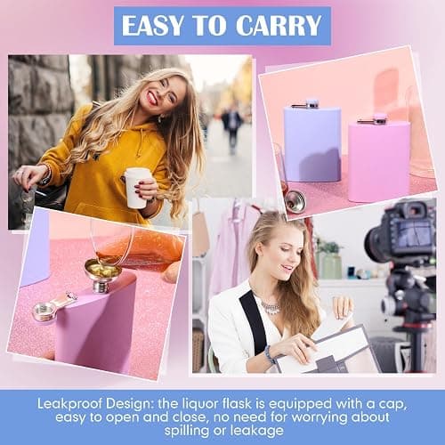 Meanplan 2 Pack 8 oz Flasks for Women Hip Flask for Liquor Matte Flask with Funnel Leakproof Stainless Steel Whiskey Pocket for Alcohol Drink Wine Christmas Valentine Wedding Gift(Pink, Purple) thumbnail 7