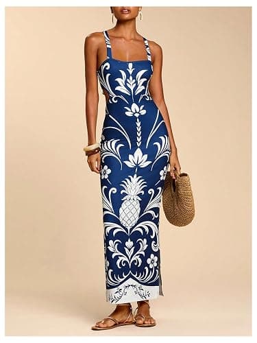 Floerns Women's Tropical Bow Tie Back Long Dress Sleeveless Maxi Dress | Hawaiian Resort Wear, Coastal Vacation, Beach Wedding Guest, Side Slit, Spring Break Outfits thumbnail 5