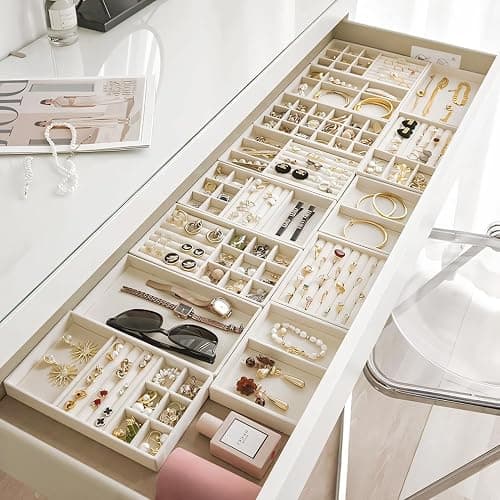 10 Pack Jewelry Organizer Tray Drawer Inserts Stackable Velvet Liner Dividers Customizable Jewellery Box Foam Ring Earring Holder Necklace Bracelet Storage Display Dish Flat in Dresser Vanity thumbnail 3