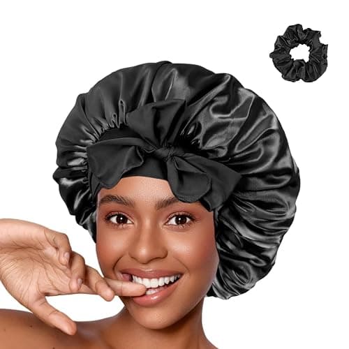 2Pcs Silk Bonnet for Sleeping, Satin Bonnet with Tie Band for Curly Hair Braid Women Black - Image 1