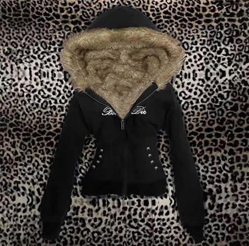 ORANDESIGNE Y2K Hoodie Damen Zip Up Winterjacke mit Fellkapuze Vintage Grunge Streetwear Kapuzenpullover mit Reißverschluss thumbnail 2