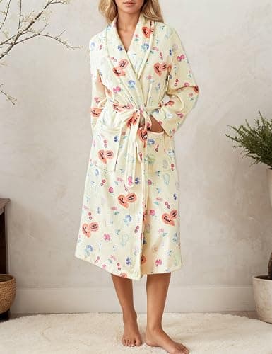 TIKITIDES Women Fleece Fruit Print Robe Cute Robes for Women Spring Summer Lightweight Bathrobe Soft Flannel Gown with Belt thumbnail 6