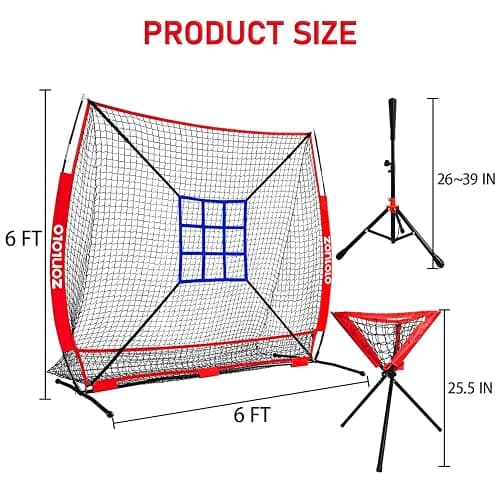 ZONLOLO 6x6ft Portable Baseball & Softball Net for Hitting，Pitching, Batting and Throwing, with Sturdy Bow Frame,Batting Tee, Ball Caddy and Strike Zone, Middel Size, Great for Kids! thumbnail 2